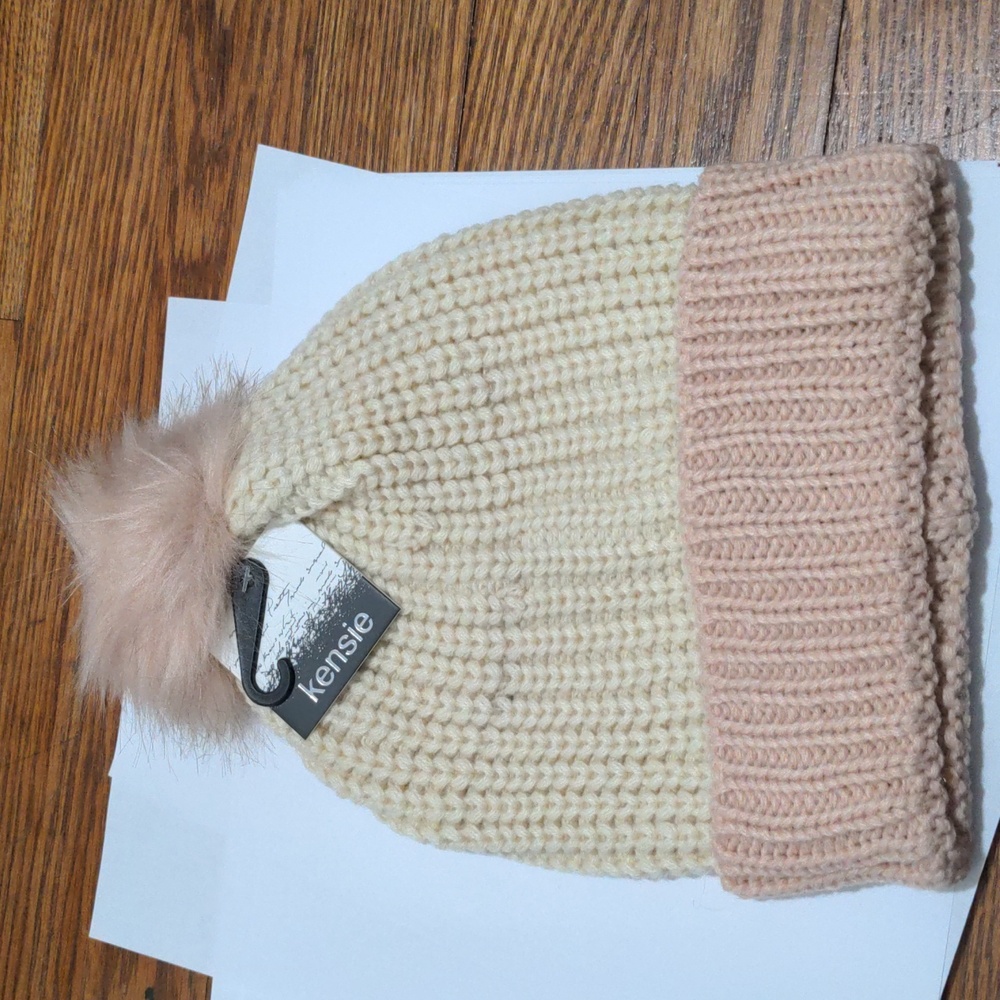 Kensie Color Block Beanie with Faux Fur Pom